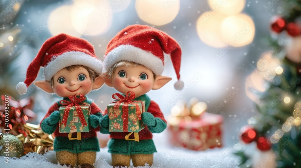 Two elves stand next to a decorated Christmas tree, perfect for holiday scenes and winter illustrations Two elves stand next to a decorated Christmas tree, perfect for holiday scenes and winter illustrations
