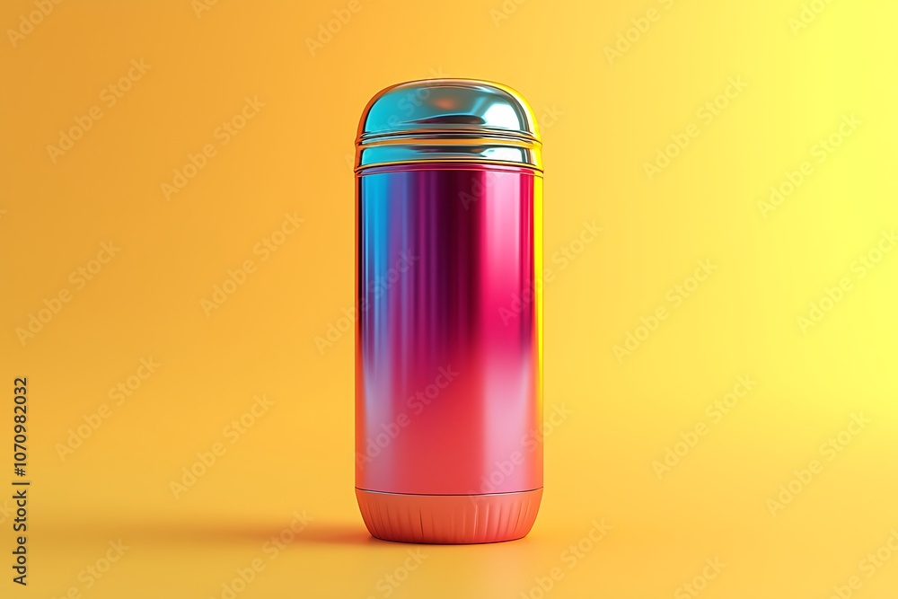 Floating 3D mockup a neon-colored thermos on a light yellow background, ideal for outdoor and travel products Floating 3D mockup a neon-colored thermos on a light yellow background, ideal for outdoor and travel products