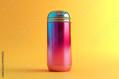 Floating 3D mockup a neon-colored thermos on a light yellow background, ideal for outdoor and travel products