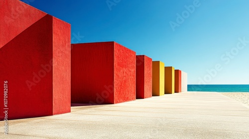 Geometric Red and Yellow Blocks on Sandy Beach Under Clear Blue Sky Near Ocean