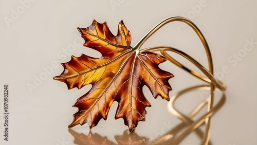 An elegant amber leaf sculpture with shimmering gold accents on a reflective background that inspires with its beauty. A symbol of the flow and constancy of time.