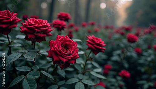 Bright red roses in a green garden with soft focus and beautiful natural background. Sadness and tenderness are all around. Inspiring blooming season photo