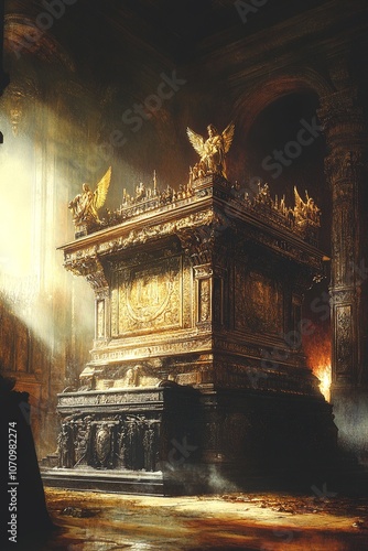 A meticulously detailed depiction of the Ark of the Covenant, adorned with golden cherubim and intricate carvings, resting in a dimly lit chamber that exudes an aura of reverence and mystery.

