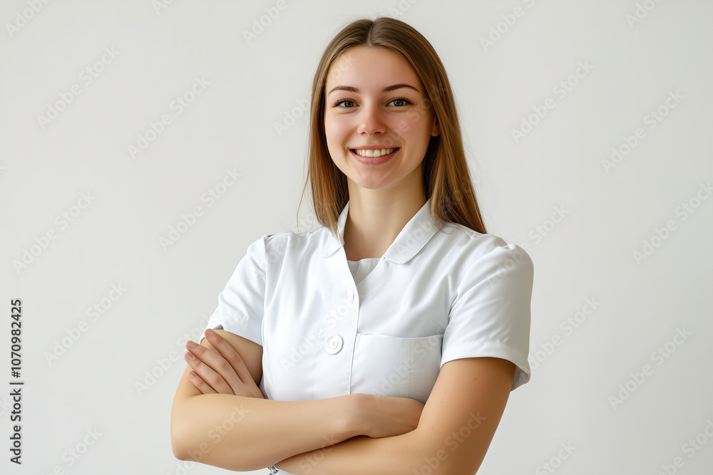 Smiling healthcare professional in a white uniform stands confidently with arms crossed against a neutral background. Generative AI Smiling healthcare professional in a white uniform stands confidently with arms crossed against a neutral background. Generative AI