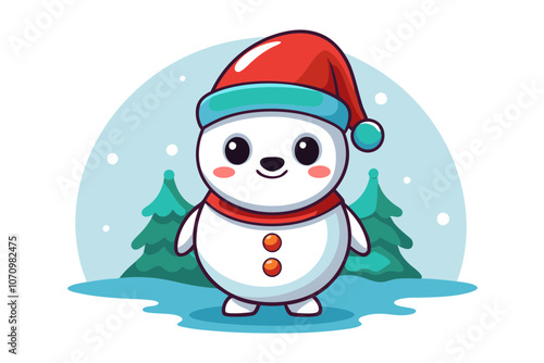 Adorable Snowman in Santa Hat Happy New Year & Merry Christmas Cartoon Vector for Kids