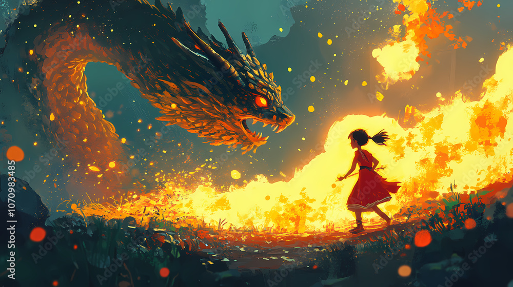 Fantasy scene showing the girl fighting the fire dragon, digital art style, illustration painting. Fantasy. Illustration Fantasy scene showing the girl fighting the fire dragon, digital art style, illustration painting. Fantasy. Illustration