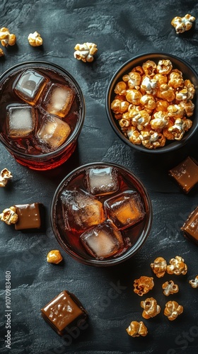 Two glasses of iced cola with caramel popcorn and chocolate squares on a black surface