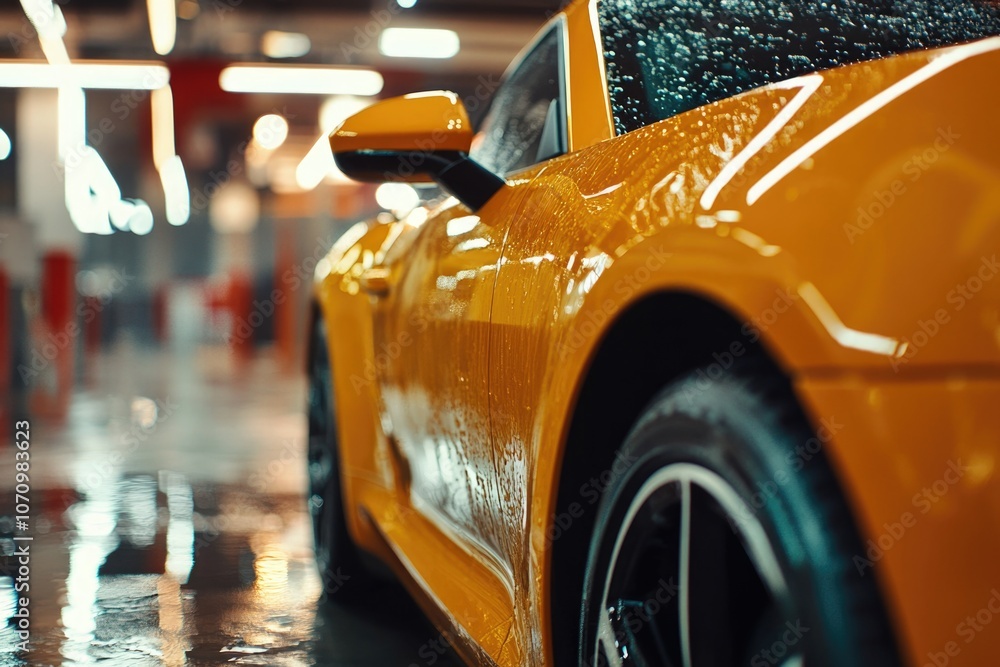 A bright yellow sports car parked in a modern parking garage, ready for its owner A bright yellow sports car parked in a modern parking garage, ready for its owner