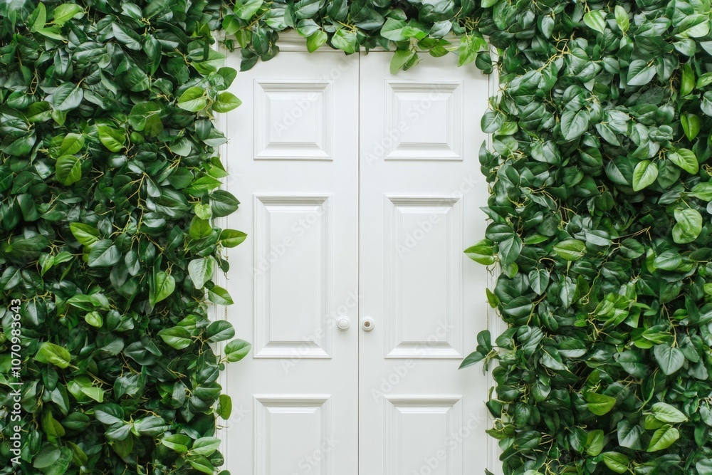 A white door with lush green plants growing around it, perfect for home or garden decor A white door with lush green plants growing around it, perfect for home or garden decor