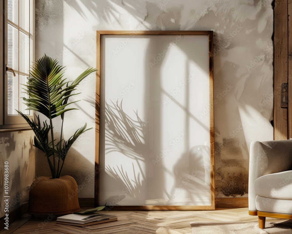 Fototapeta premium Empty wooden frame on light wooden floor with white wall behind it. Empty poster frame mockup.