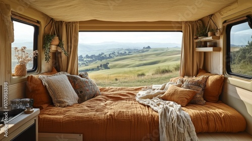 The interior of a cozy van features a large bed adorned with soft cushions and throws, offering scenic views of rolling hills bathed in warm light, perfect for a tranquil escape.