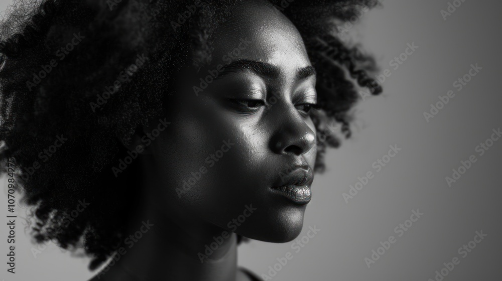 A monochrome portrait of a woman with textured hair, conveying emotion and introspection. A monochrome portrait of a woman with textured hair, conveying emotion and introspection.