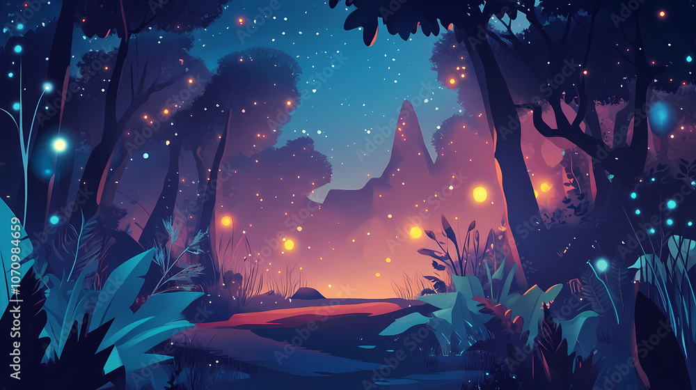 Gloomy fantasy forest scene at night with glowing lights. Fantasy. Illustration Gloomy fantasy forest scene at night with glowing lights. Fantasy. Illustration