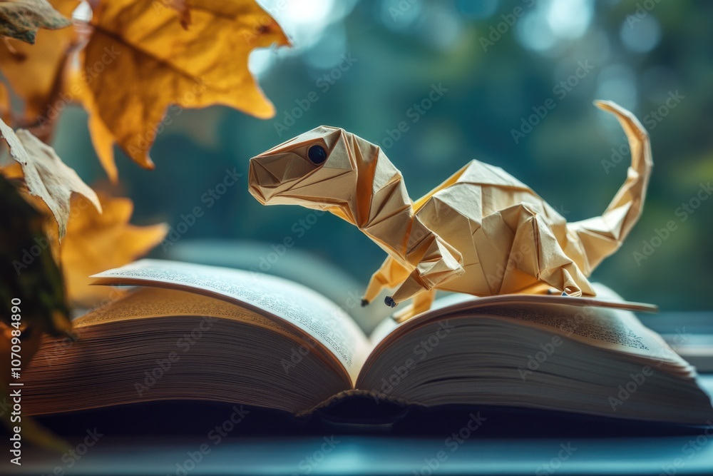 Naklejka premium A small origami dinosaur perched on the cover of an open book