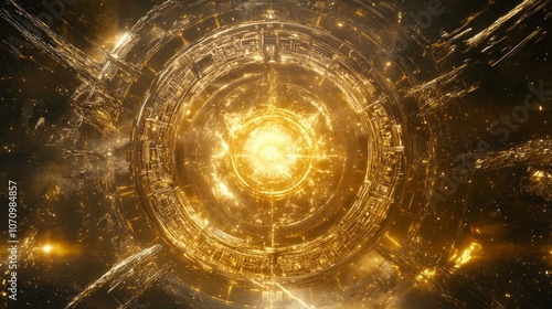 Fototapeta Naklejka Na Ścianę i Meble -  floating geometric mechanisms orbiting central golden sun core, energy Texture