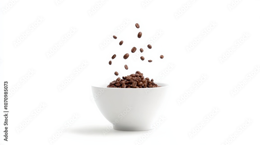 Coffee Beans Falling into White Bowl Capturing Minimalist Style and Dynamic Motion Coffee Beans Falling into White Bowl Capturing Minimalist Style and Dynamic Motion