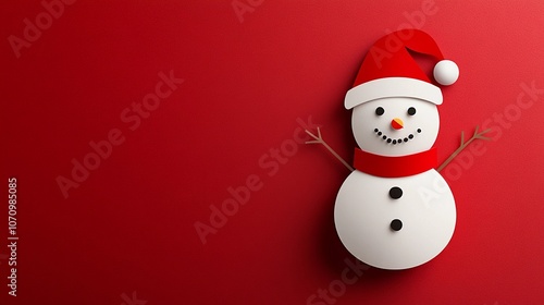 Funny paper snowman in a Santa hat on red background. Winter holidays and Christmas decor concept. Paper cut illustration for poster, banner, greeting card with copy space