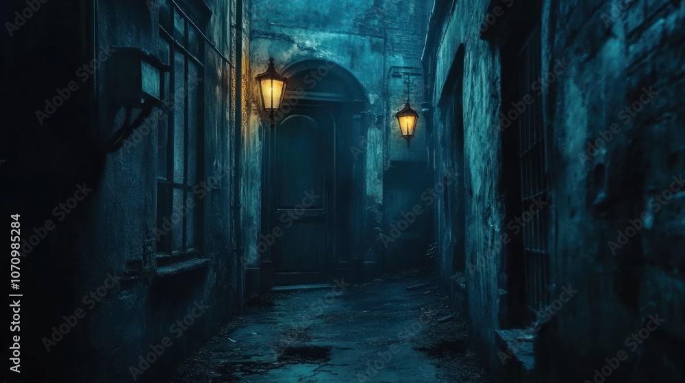 A narrow, dimly lit alleyway with a mysterious doorway at the end, lit by flickering gas lamps. A narrow, dimly lit alleyway with a mysterious doorway at the end, lit by flickering gas lamps.