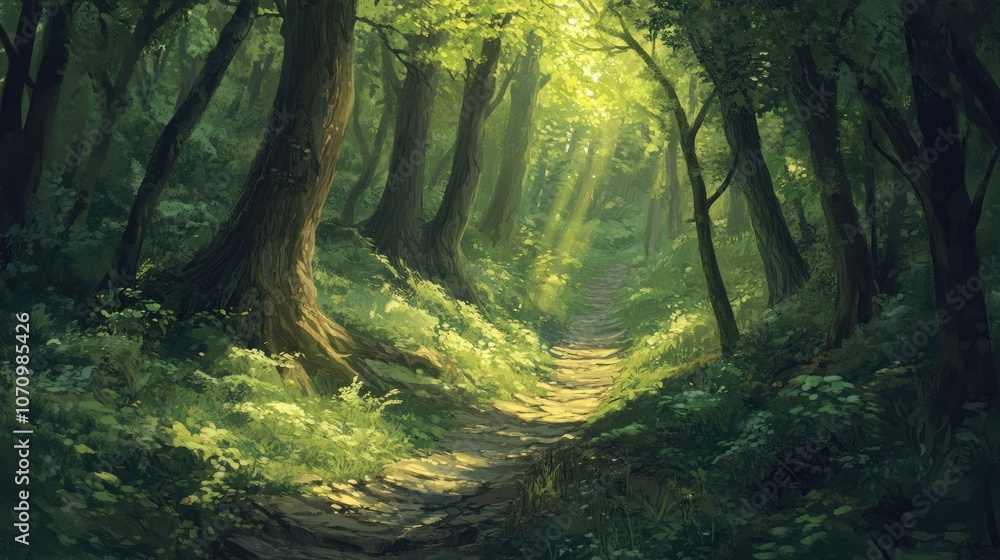 A sunlit path winds through a dense, green forest, with dappled sunlight filtering through the canopy. A sunlit path winds through a dense, green forest, with dappled sunlight filtering through the canopy.
