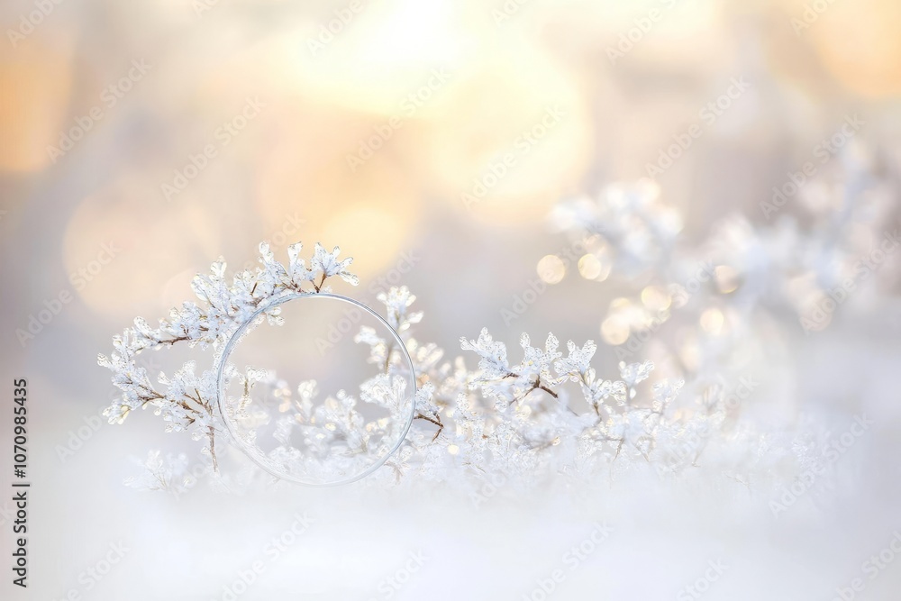 A close up of a white flower with a circle of snow around it A close up of a white flower with a circle of snow around it