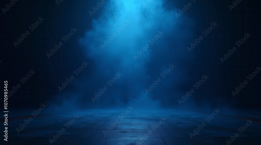 Dark Empty Street Scene with Neon Lights and Smoke on Asphalt Night View with Blue Background