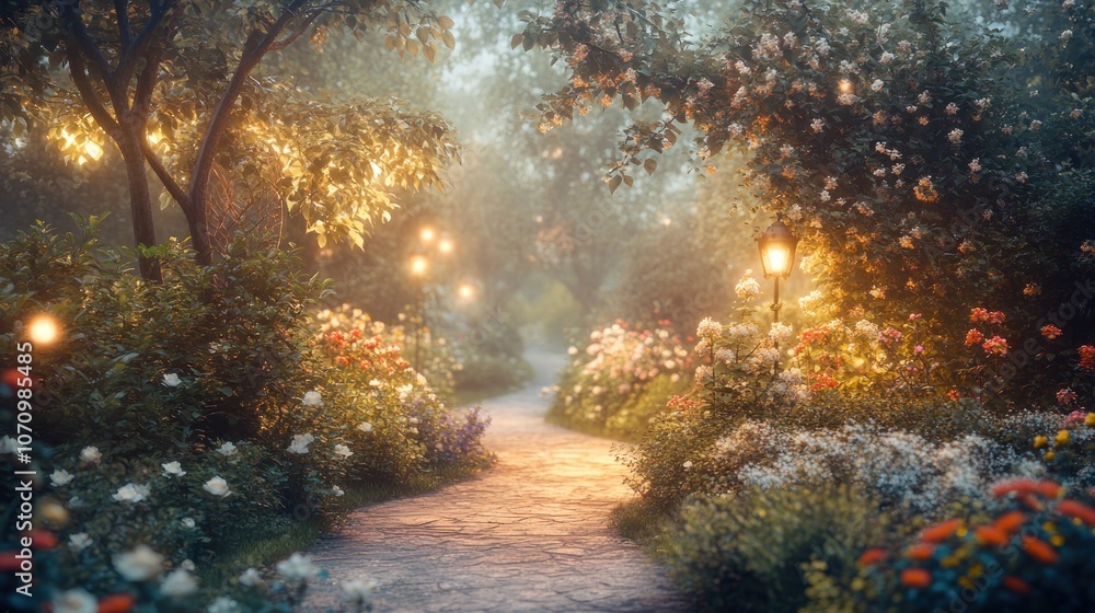 A winding path through a misty rose garden, illuminated by warm string lights, leads to an unknown destination. A winding path through a misty rose garden, illuminated by warm string lights, leads to an unknown destination.