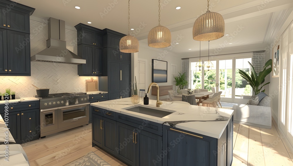Fototapeta premium Chic kitchen design featuring stylish black and white cabinets, showcasing a high-end modern interior with contrasting elements.