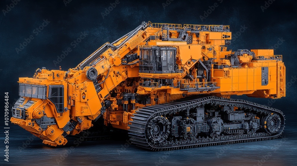 A large yellow, tracked construction vehicle with a large, articulated boom and a cab for the operator. A large yellow, tracked construction vehicle with a large, articulated boom and a cab for the operator.