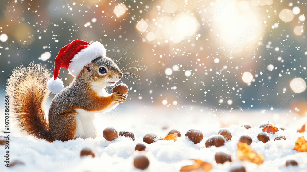 A happy animated squirrel gathering acorns in the snow, wearing a tiny Santa hat, with soft snowflakes falling around A happy animated squirrel gathering acorns in the snow, wearing a tiny Santa hat, with soft snowflakes falling around