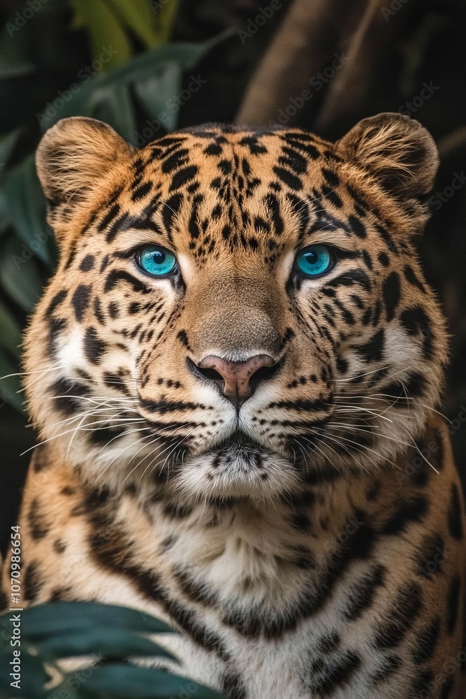 Obraz premium A leopard with a blue eye stares at the camera