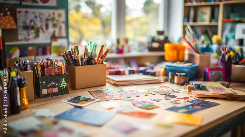 A creative workspace filled with supplies for making DIY Christmas cards, including stamps, stickers, and colorful paper. A creative workspace filled with supplies for making DIY Christmas cards, including stamps, stickers, and colorful paper.