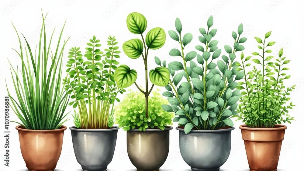 Fototapeta premium A set of different microgreens in modern pot on white background, watercolor illustration