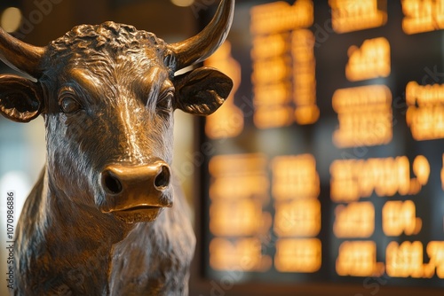 A bronze bull statue stands in front of a stock market display, symbolizing financial success and growth