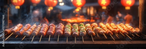 A close-up of skewers of grilled meat, being prepared at a street food vendor photo