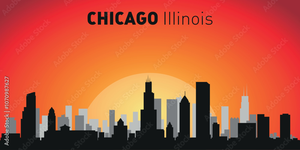 Fototapeta premium Chicago city skyline with silhouettes of buildings against the backdrop of a large yellow sun and orange sky. Vector on the background of sunset