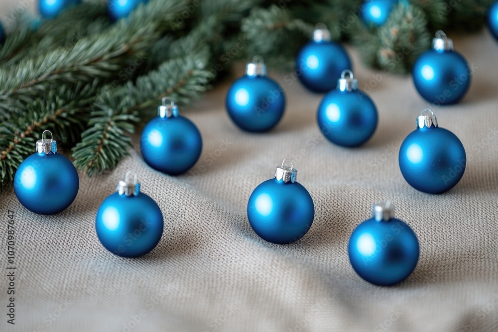 A collection of blue ornaments sitting on a table, perfect for holiday decorating or photography props A collection of blue ornaments sitting on a table, perfect for holiday decorating or photography props
