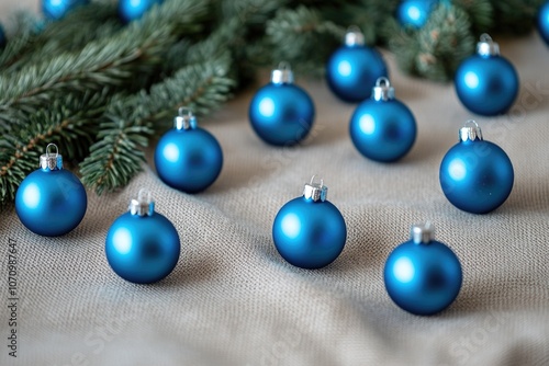 A collection of blue ornaments sitting on a table, perfect for holiday decorating or photography props