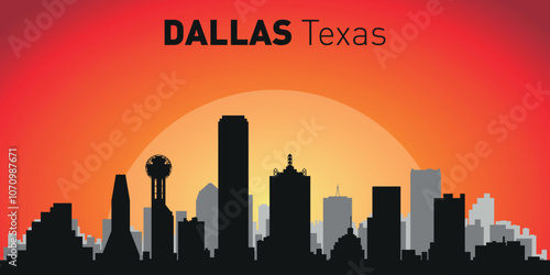 Dallas city skyline with silhouettes of buildings against the backdrop of a large yellow sun and orange sky. Vector on the background of sunset
