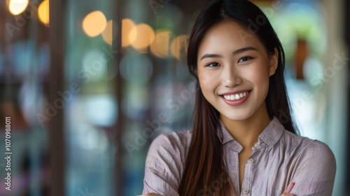 A smiling young woman poses confidently in a softly lit environment.