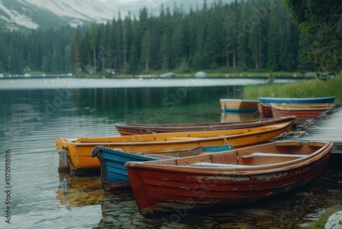 A group of boats resting on the calm surface of a lake, perfect for a serene atmosphere