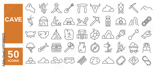 Set of 50 line icons related to cave, mine, primitive, ancient, mountain, rocks, volcano, tunnel, stones, Editable stroke. Vector illustration