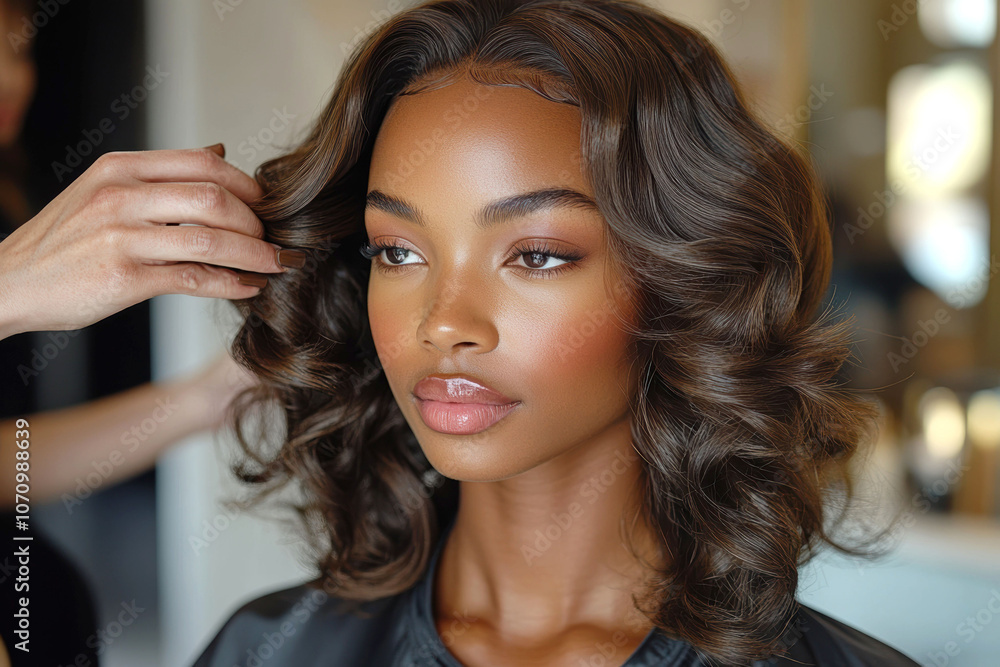 Naklejka premium Professional stylist adding finishing touches to woman's hair in salon setting