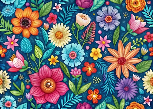 Hand-Drawn Floral Seamless Pattern with Colorful Blossoms on a Blue Background for Wallpaper, Textiles, and Notebook Covers - Vibrant Design Ideal for Various Applications