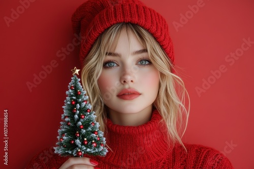 Festive woman holding mini christmas tree for holiday cheer and winter fashion inspiration