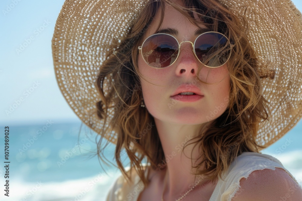 A woman enjoying the sun on the beach, wearing a hat and sunglasses for comfort and protection A woman enjoying the sun on the beach, wearing a hat and sunglasses for comfort and protection