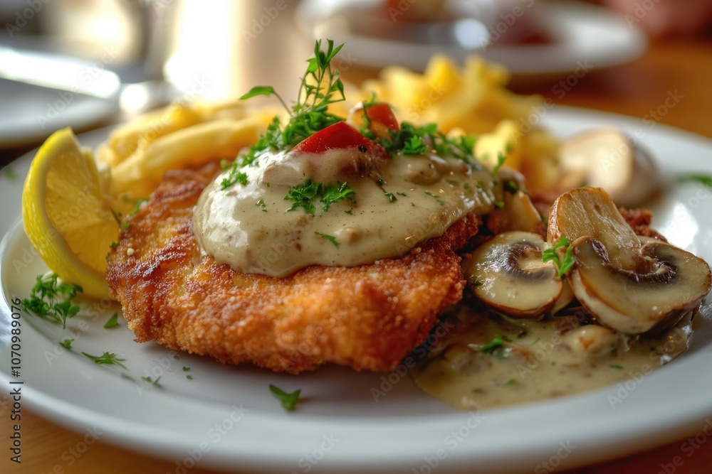 A delicious-looking chicken cutlet served with a rich and savory mushroom sauce on a white plate A delicious-looking chicken cutlet served with a rich and savory mushroom sauce on a white plate