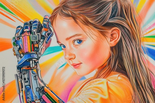 Young girl expresses creativity with bioprosthetic arm and vivid colors photo