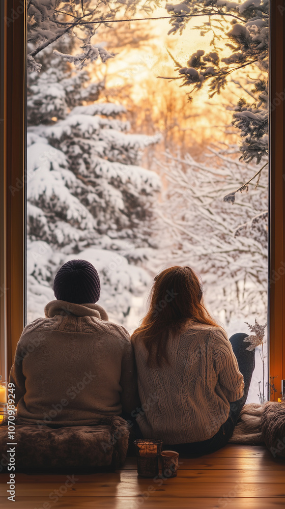 Couple admiring a snowy winter scene from the warmth of their home during a stunning sunset Couple admiring a snowy winter scene from the warmth of their home during a stunning sunset