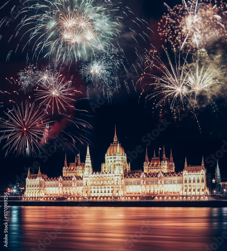 fireworks display over Hungarian parliament building, New Year in Budapest