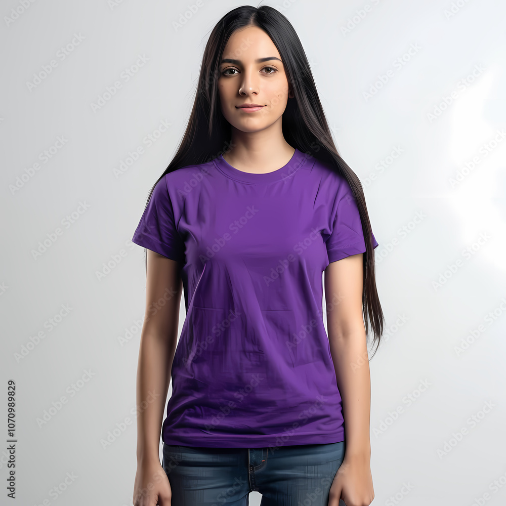 Young Latina woman with long hair wearing a purple t-shirt, standing confidently against a neutral background. Young Latina woman with long hair wearing a purple t-shirt, standing confidently against a neutral background.